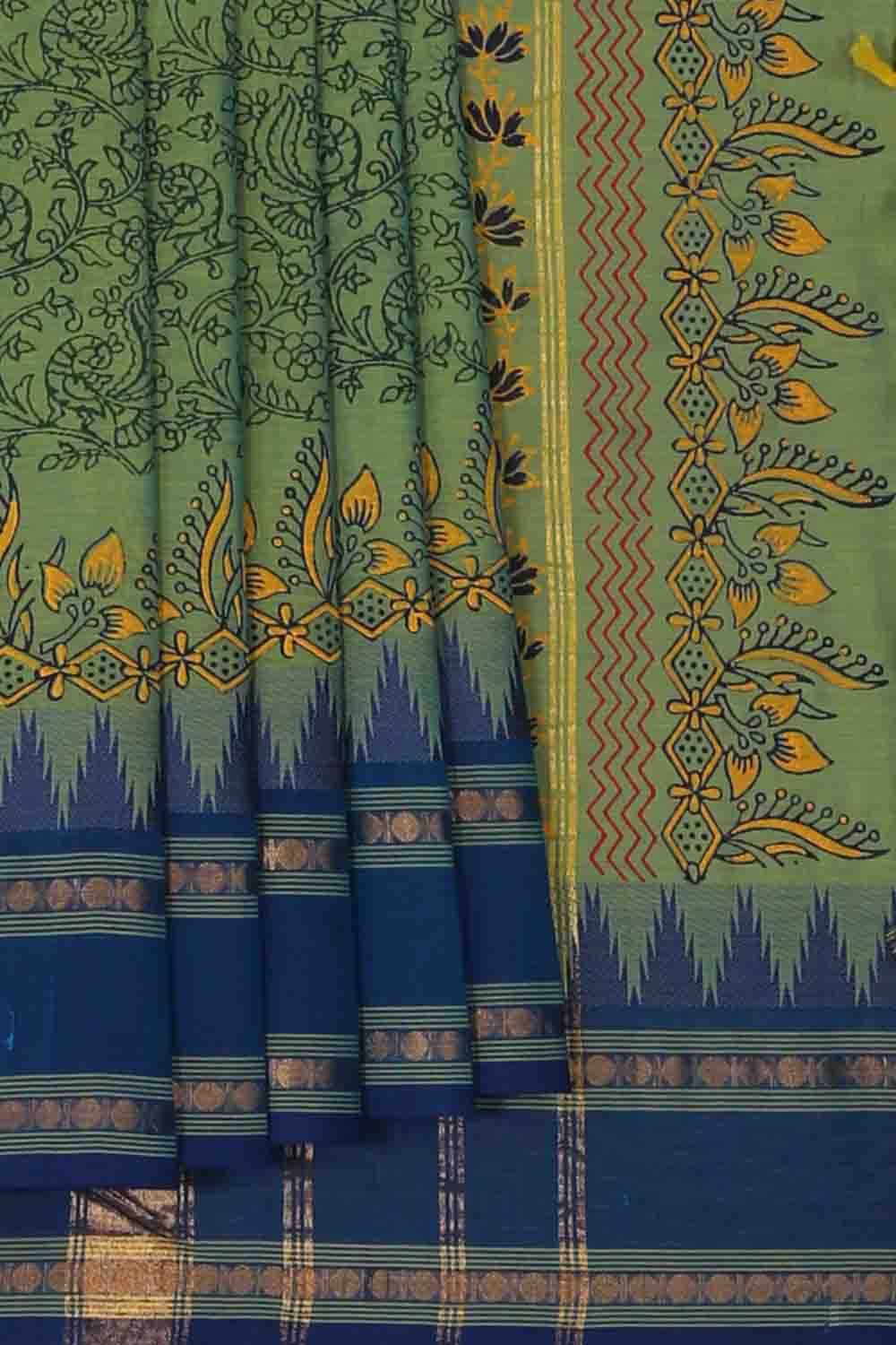 Image of Moss Green block printed south cotton saree